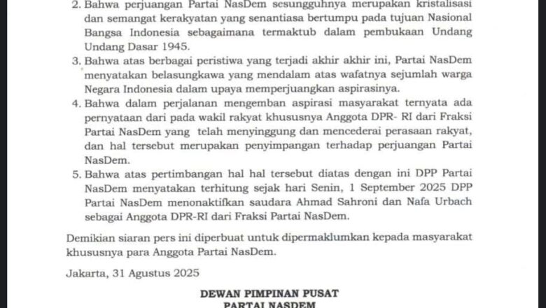 NasDem Nonaktifkan Ahmad Sahroni dan Nafa Urbach dari Keanggotaan DPR RI